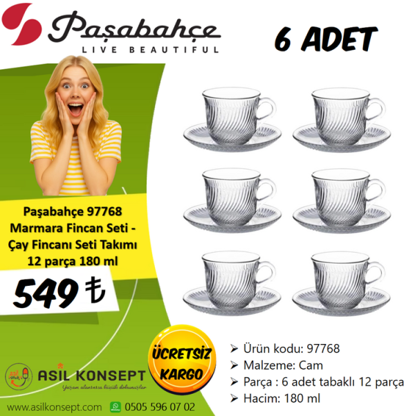 Paşabahçe 97768 Marmara Fincan Seti - Çay Fincanı Seti Takımı 12 parça 180 ml