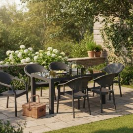 90 x 150 Bambu Plastik Rattan Camlı Bahçe Balkon Teras Masa Takımı 6 Kolçaklı Sandalyeli Gri