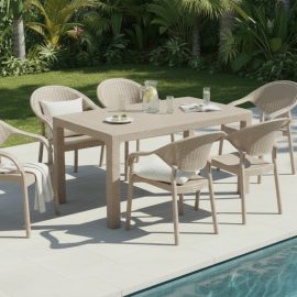 90 x 150 Bambu Plastik Rattan Camsız Bahçe Balkon Teras Masa Takımı 6 Kolçaklı Sandalyeli