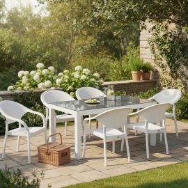 90 x 150 Bambu Plastik Rattan Camlı Bahçe Balkon Teras Masa Takımı 6 Kolçaklı Sandalyeli Beyaz