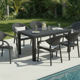 90 x 150 Bambu Plastik Rattan Camsız Bahçe Balkon Teras Masa Takımı 6 Kolçaklı Sandalyeli