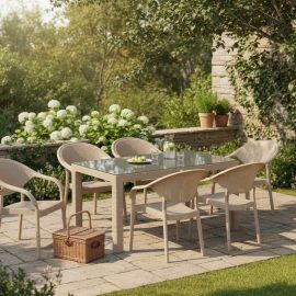 90 x 150 Bambu Plastik Rattan Camlı Bahçe Balkon Teras Masa Takımı 6 Kolçaklı Sandalyeli Bej