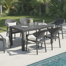 90 x 150 Bambu Plastik Rattan Camsız Bahçe Balkon Teras Masa Takımı 6 Kolçaklı Sandalyeli