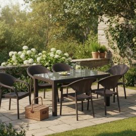 90 x 150 Bambu Plastik Rattan Camlı Bahçe Balkon Teras Masa Takımı 6 Kolçaklı Sandalyeli Kahverengi