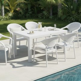 90 x 150 Bambu Plastik Rattan Camsız Bahçe Balkon Teras Masa Takımı 6 Kolçaklı Sandalyeli