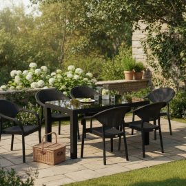 90 x 150 Bambu Plastik Rattan Camlı Bahçe Balkon Teras Masa Takımı 6 Kolçaklı Sandalyeli Siyah