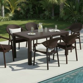 90 x 150 Bambu Plastik Rattan Camsız Bahçe Balkon Teras Masa Takımı 6 Kolçaklı Sandalyeli